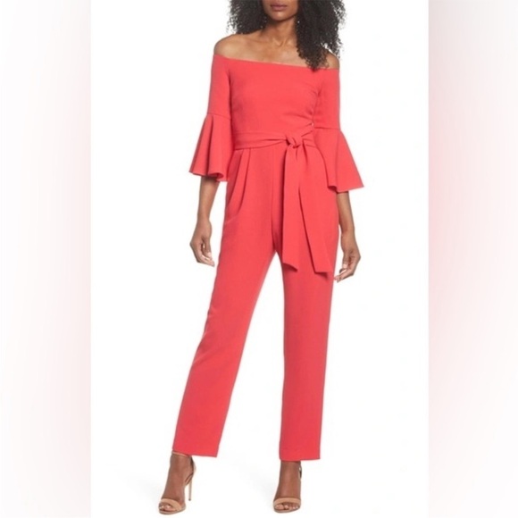 Eliza J Pants - NWT Eliza J Red Off-the-shoulder Bell Sleeve Tie Waist Jumpsuit Sz 6